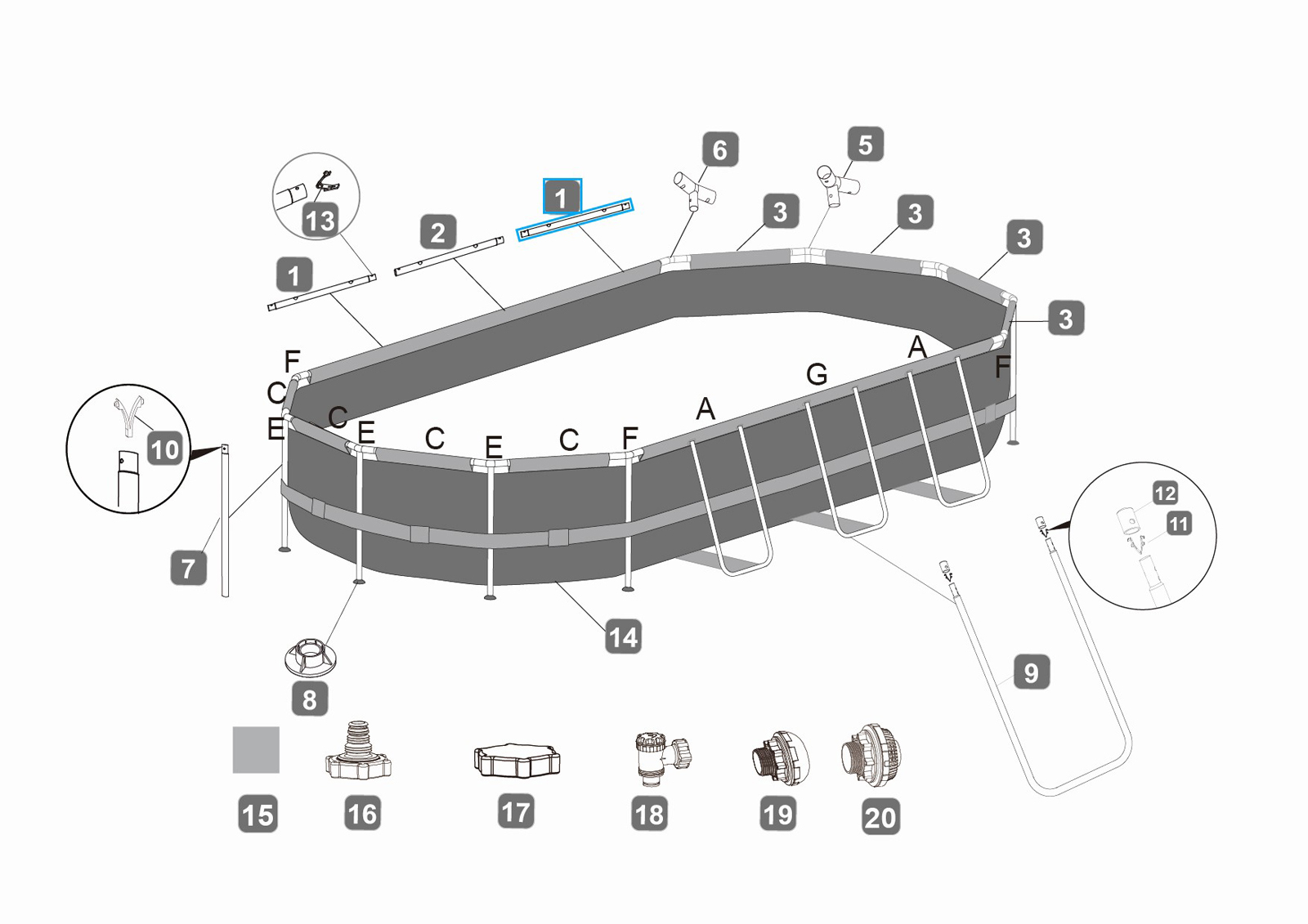 Bestway® Spare Part Top rail A (grey) for Power Steel™ frame pools 549 x 274/610 x 366 x122 cm, oval Bestway® Spare Part Top rail A (grey) for Power Steel™ frame pools 549 x 274/610 x 366 x122 cm, oval
