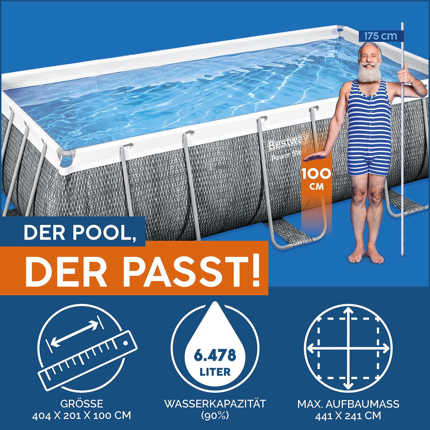 Power Steel 13'3" x 6'7" x 39.5"/4.04m x 2.01m x 1.00m Rectangular Pool