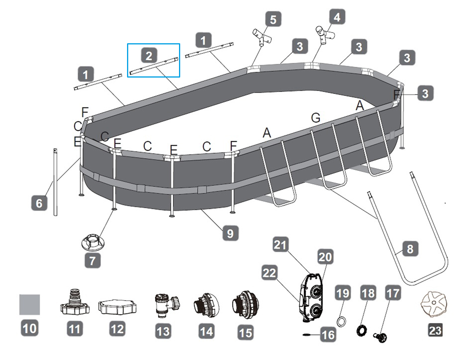 Bestway® Spare Part Top rail G (grey) for Power Steel™ frame pool 610 x 366 x 122 cm, oval Bestway® Spare Part Top rail G (grey) for Power Steel™ frame pool 610 x 366 x 122 cm, oval