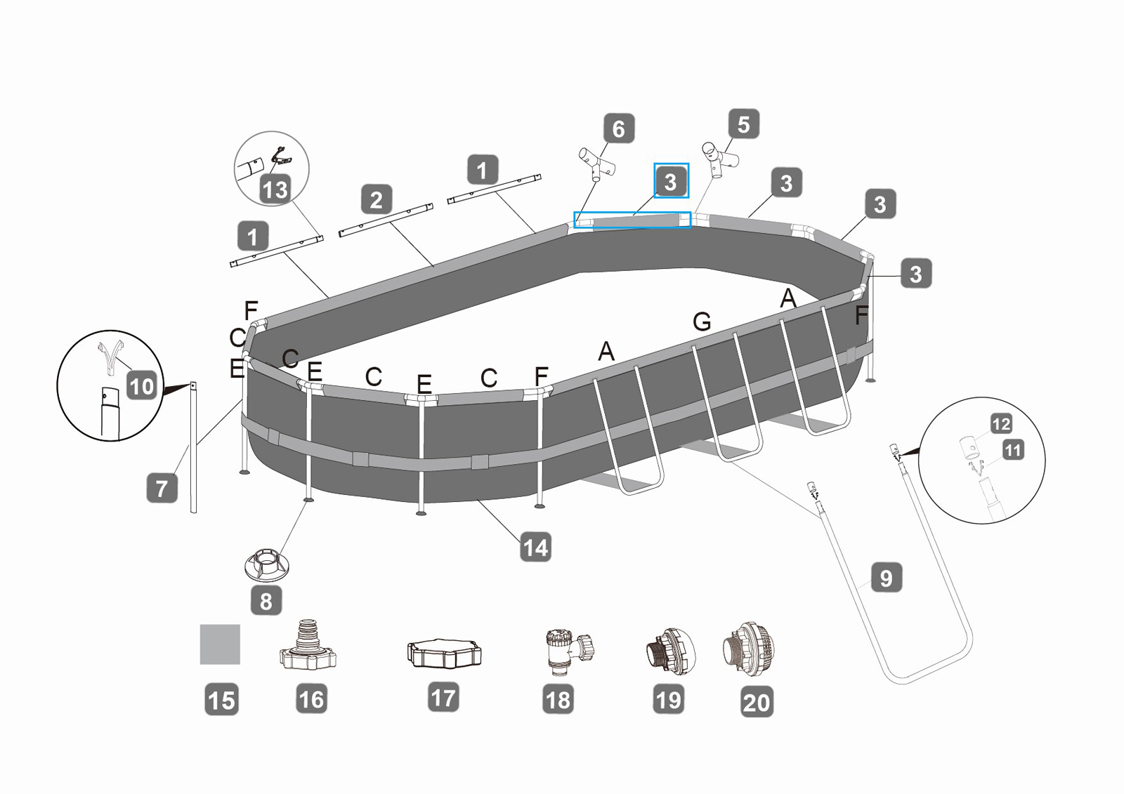 Bestway® Spare Part Top rail C (grey) for Power Steel™ frame pools 549 x 274 x 122 cm, oval Bestway® Spare Part Top rail C (grey) for Power Steel™ frame pools 549 x 274 x 122 cm, oval