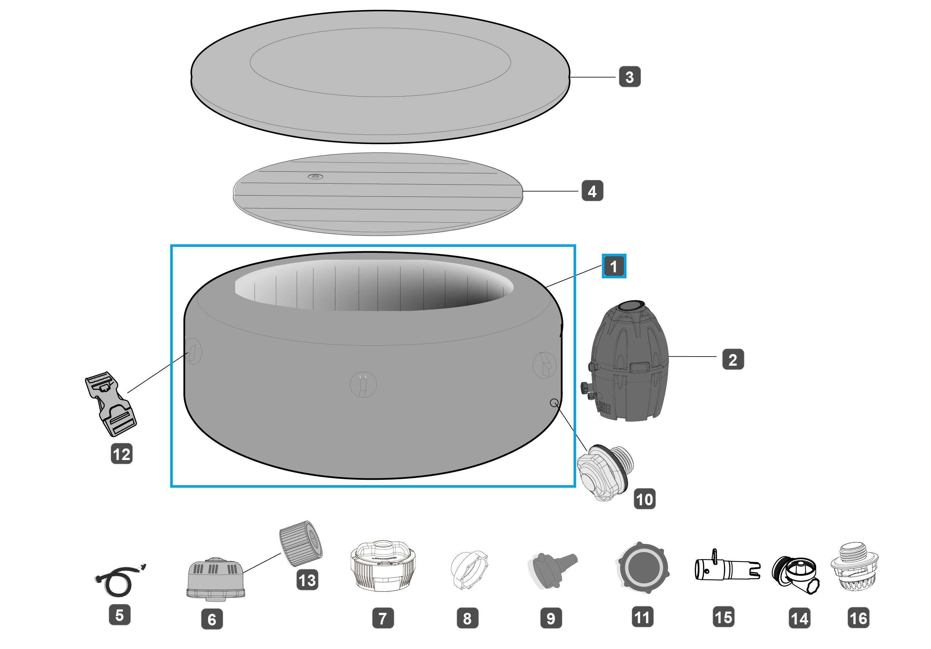 Bestway® Spare Part Liner (black) for LAY-Z-SPA® Miami AirJet™ 180 x 66 cm (2019) Bestway® Ersatzteil Poolfolie/Liner (grau) für LAY-Z-SPA® Palm Springs HydroJet Pro™ 196x71cm (2018)